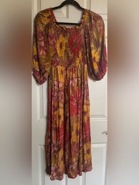 NWT Angie Fall Floral Maxi Dress in Mustard, Red & Pink, Size Medium